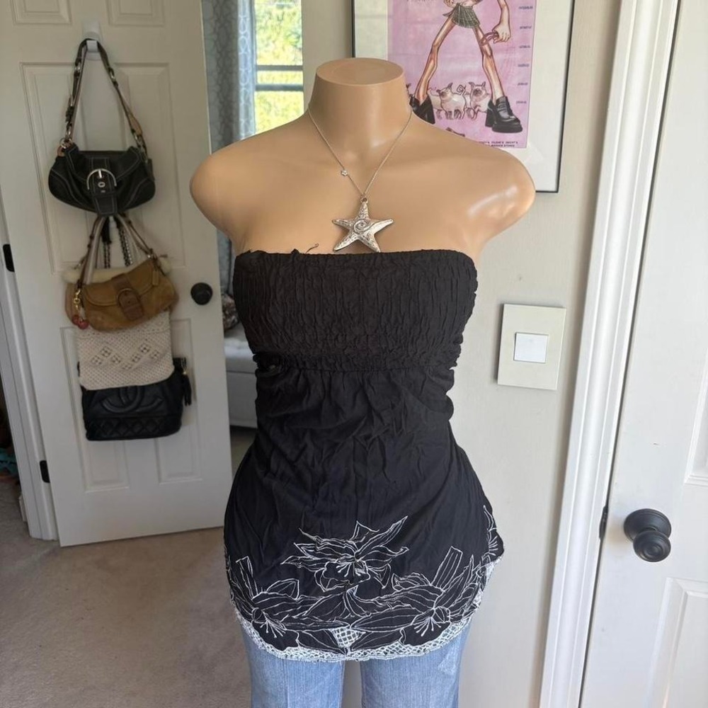 y2k 2000s whimsygoth black floral strapless bandeau babydoll top